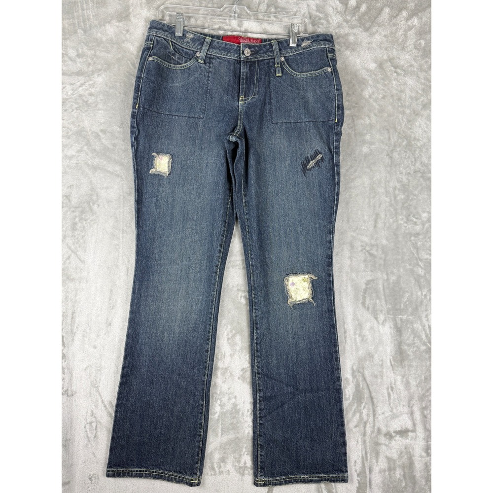 VTG GUESS‎ Jeans Womens Bootcut Denim Pants Distressed Patches Medium Wash Sz 31